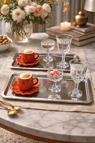 Eylül's Home 2 Adet Fincan Takımı 2 Adet Çelik Sunum Tepsisi, 6 Adet Lokumluk...