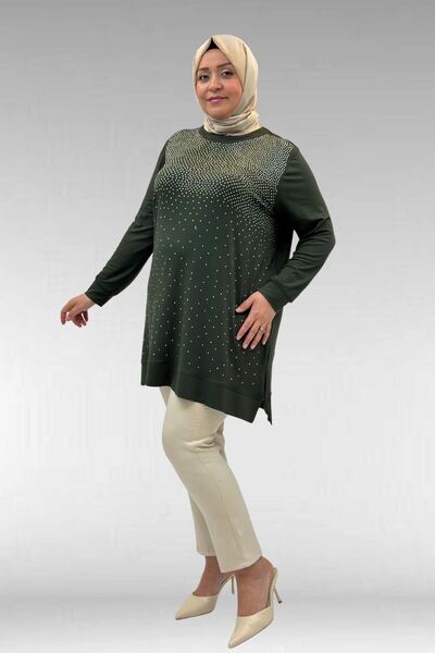 Eslina 68011 Plus Size Combed Cotton Tunic with Stone Detail on the Front - K...