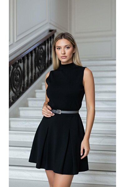 CKM MODA Adrienne V-Neck Belted Pleated Midi Dress Black