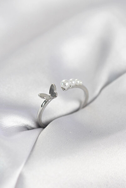 My Reality Fashion خاتم نسائي من النحاس باللون الفضي موديل الفراشة مع اللؤلؤ