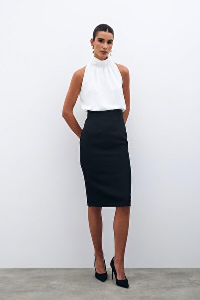 CKM MODA Blanche Straight Pencil Skirt Black