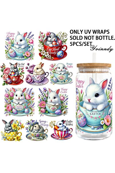 Choice AJ-0466 5Pcs/Set Easter Bunny 16OZ Glass Jar Transfer Paper UV DTF Hig...