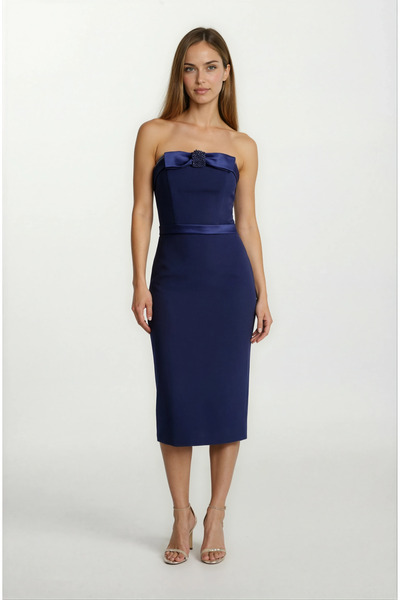 Spazio Ellefsen Straplez Yaka Fiyoklu Kısa Abiye Elbise LACİVERT
