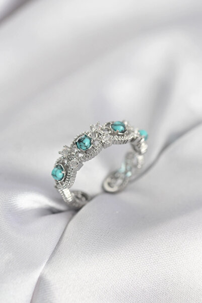 My Reality Fashion خاتم نسائي عتيق باللون الفضي مع حجر أزرق