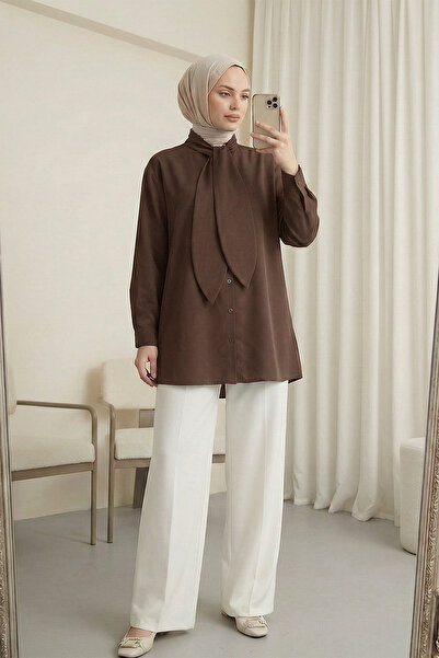 MODAQU Scarf-Buttoned Oversize Shirt - Brown