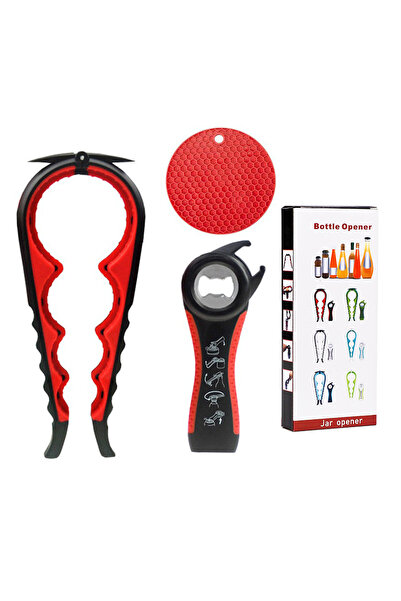 Choice طقم أحمر مكون من 3 قطع، فتاحة أغطية متعددة الوظائف 5 في 1 بمقبض مانع ل...