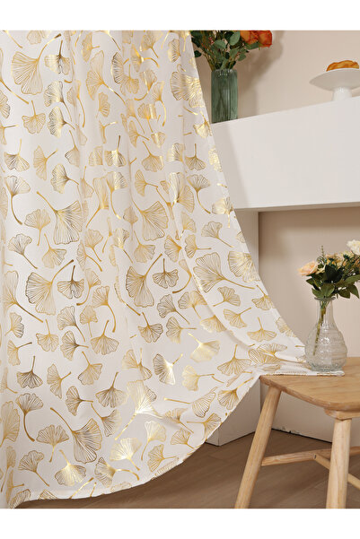 Choice1 Grommet Top 132x160cm white Sheer Curtains for Bedroom Gold Leaf Prin...