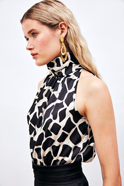 CKM MODA Zafira High Neck Sleeveless Satin Blouse Black Beige