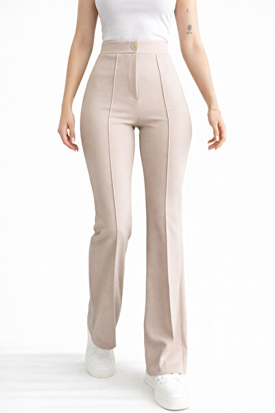 Lighter Jeans Γυναικείο μπεζ υφασμάτινο παντελόνι με ψηλόμεσο σχέδιο και φαρδ...