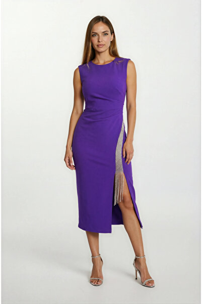 Spazio Panettiere Yandan Yırtmaçlı Şerit Aksesuar Detaylı Kısa Abiye Elbise MOR