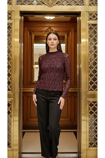 CKM MODA Brown transparent lace long sleeve blouse coffee