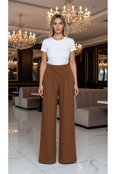 CKM MODA Maia Cross Waist Detailed High Waist Wide Leg Pants Brown
