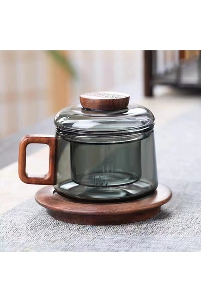 Choice4 Smoky Gray Coaster 200ml Glass Tea Cup with Filter and Wooden Handle ...