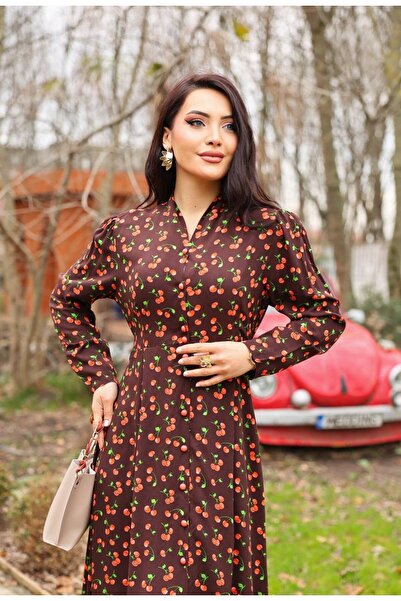 Cannes Jala Women's Long Sleeve Cherry Patterned V-Neck Brown Dress