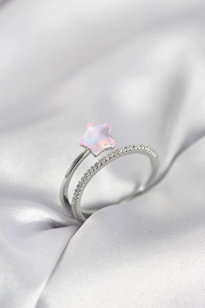 MericLine خاتم نسائي من حجر الزركون الفضي اللون الوردي موديل هالي