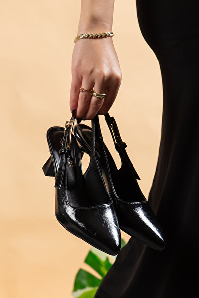 ereskiga Slingback Zarif ve İddialı kadın siyah Sivri Burun Arkası Açık Gold ...