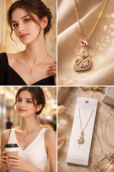 FLARF Flarfgold Color Elegant Stone Embellished Women's Swan Necklace