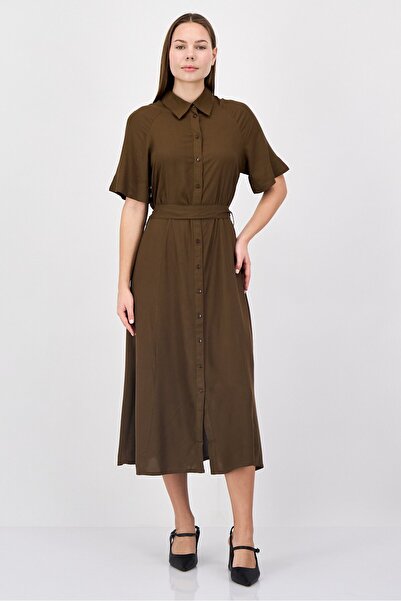 Anne Klein Women Solid Casual Midi Dress, Brown