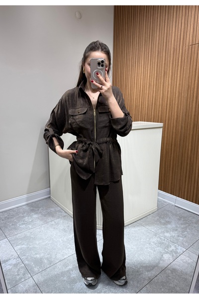 ÖzenButik Kendinden Simli Ceket Pantolon Takım Kahve
