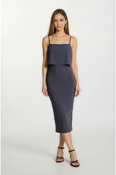 Spazio Delciso Kayık Yaka Omuzları Açık Elbse ANTRASİT