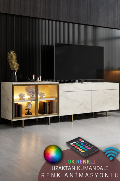 Modatte VİENNA TV ÜNİTESİ RGB LED IŞIKLI GOLD DEMİR AYAKLI RAFLI DOLAPLI TRAV...