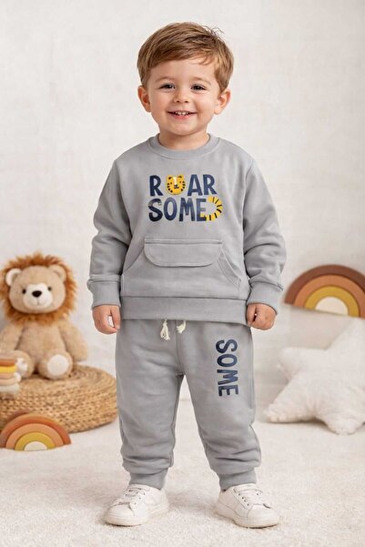 WOW Roar Some yazılı Cep detaylı Mevsimlik iki iplik sweatshirtlü 2li Erkek ç...