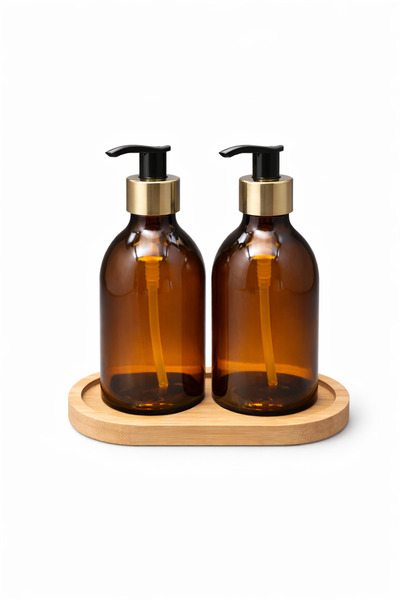 NO BRAND Cam Sıvı Sabunluk Seti Bambu Stantlı, 2'li Amber Cam ve Bambu Stant ...
