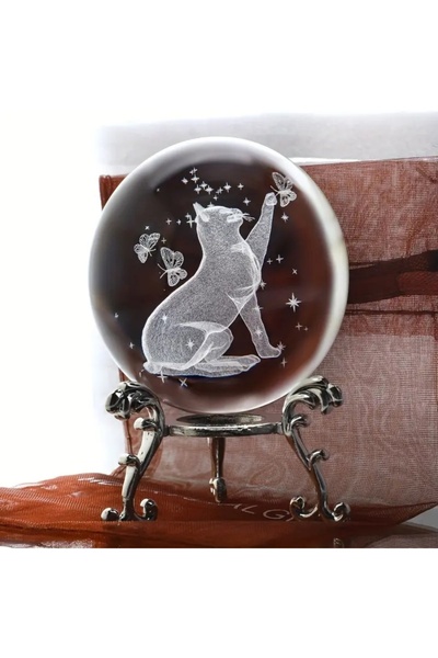 Choice كرة كريستالية ثلاثية الأبعاد على شكل قطة محفورة بالليزر بقاعدة معدنية ...