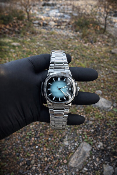 NOVA SALES Gümüş Kare İçi Siyah mavi Şık Tasarım Eşref Tek Model Patek Erkek ...