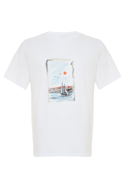 Mudo Erkek Beyaz Baskılı Bisiklet Yaka Kısa Kollu T-Shirt