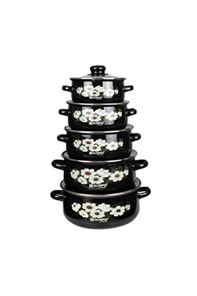 Olympia High Quality 10PCS Casserole Cooking Pot Set, Enamel Finish with Flower Design, Durable Lids