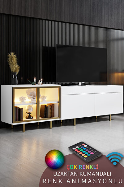 Modatte VİENNA TV ÜNİTESİ RGB LED IŞIKLI GOLD DEMİR AYAKLI RAFLI DOLAPLI BEYA...