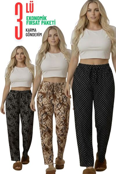 THEBEK Yumoş Velvet Suede Patterned Battal Pajama Bottoms Set of 3 (Mixed Shi...