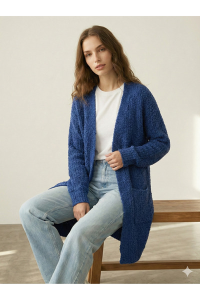 Lunleni Women's Pocketed Knitwear Boucle Cardigan