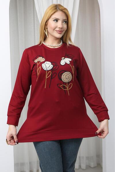 Siyezen Plus Size Floral Embroidered Tunic Sweatshirt