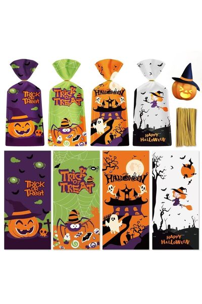 Choice1 15×12 سم، 50 كيس حلوى للهالوين مع أربطة ملتوية، أكياس هدايا على شكل خ...