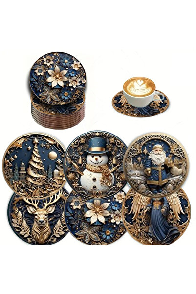 Choice BD094 A 6-piece set of Christmas-themed wooden printed coasters is sui...