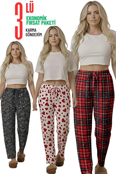 THEBEK Yumoş Velvet Suede Patterned Battal Pajama Bottoms Set of 3 (Mixed Shi...