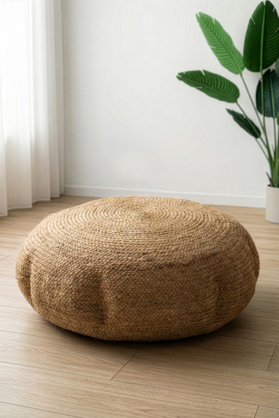 Digithome Dekoratif Büyük Yuvarlak Naturel Yassı Hasır Jüt Puf 60X20 -12083