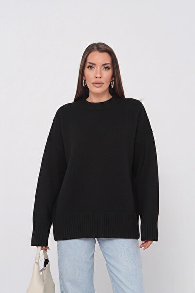 Lusin Women's Black Crew Neck Cotton Textured Long Sleeve Knit Sweater