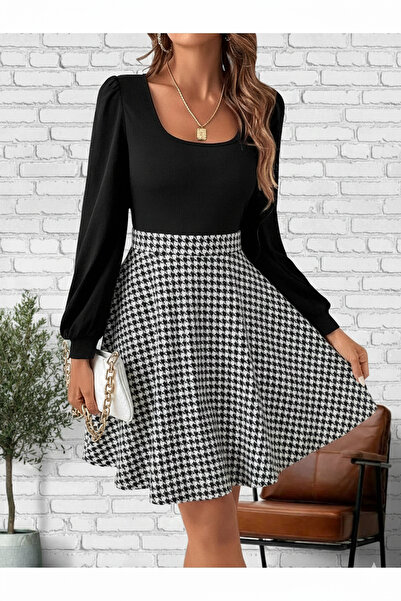 MaxiMor Women's Top Sandy Fabric Houndstooth Suede Skirted Dress Length 100 cm