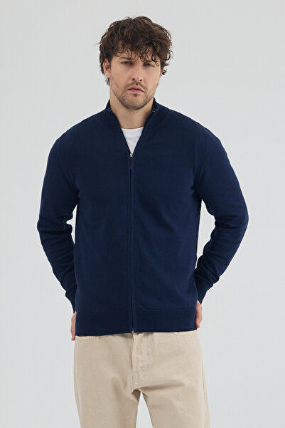 hateko Pure 100% Cotton Men's Knitwear Zip-Up Cardigan – Navy Blue