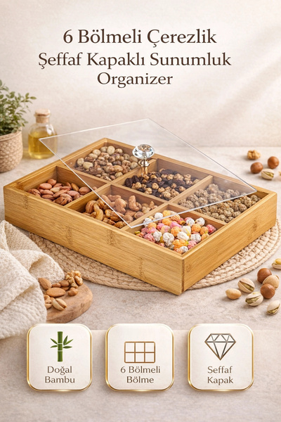 Tilbe Home 6 Bölmeli Bambu Çerezlik Şeffaf Kristal Kapaklı Lokumluk Sunumluk ...