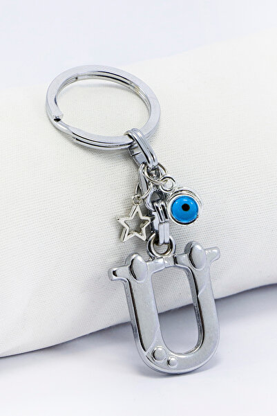 biuti حلقة مفاتيح معدنية على شكل حرف U مزينة بخرز نجمة فضية اللون / زينة حقيب...