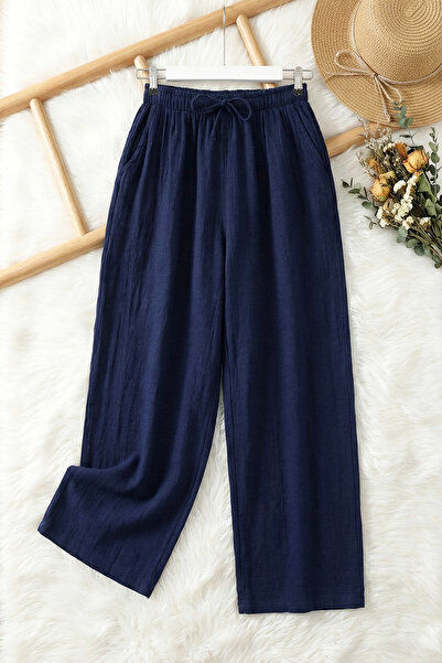 MODAQU Elastic Waist Muslin Fabric Wide Leg Navy Blue Trousers