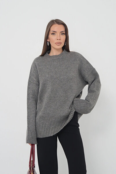Lusin Women's Oversize Anthracite Crew Neck Cotton Textured Knitwear Sweater