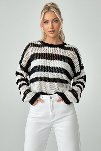 İntive Lingerie Women's Crew Neck Striped Sweater