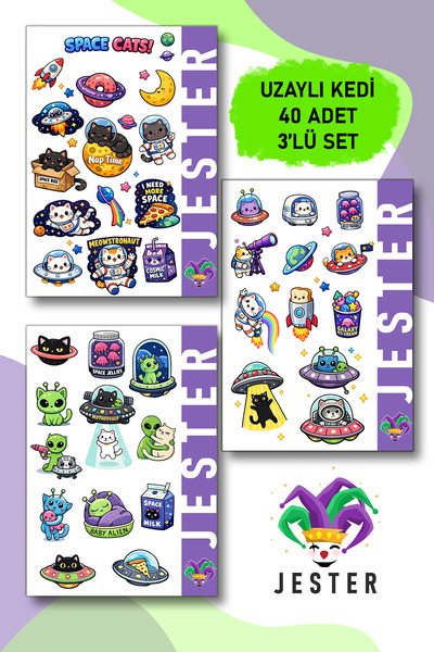 Jester Uzaylı Kedi Temalı 3'lü Sticker, Çıkartma, Günlük, Ajanda, Planlayıcı,...