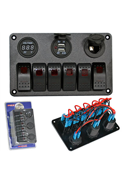 Carub Anahtar Switch Paneli 6 lı Voltmetre + USB + Çakmak Kırmızı Işıklı 18x1...