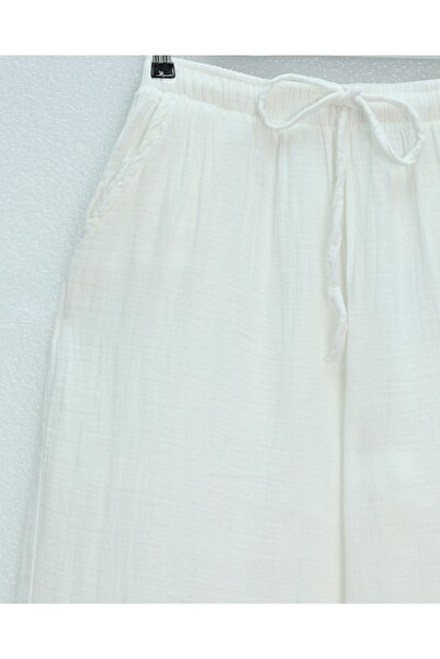 MODAQU Elastic Waist Muslin Fabric Wide Leg Ecru Trousers